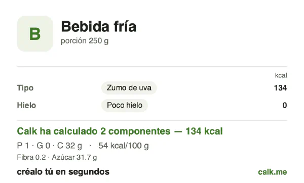 Ficha de Calk, versión más calórica de Bebidas frías: 54 kcal por 100 g, proteínas/grasas/hidratos 2/1/97
