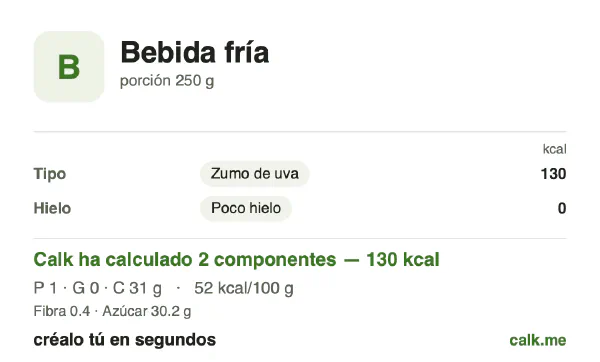 Ficha de Calk, versión más calórica de Bebidas frías: 52 kcal por 100 g, proteínas/grasas/hidratos 2/2/96