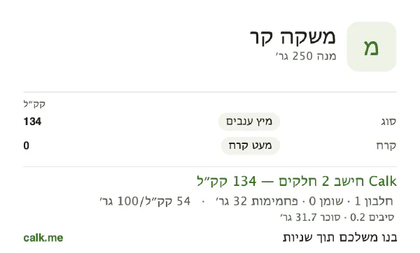 משקאות קרים ב־Calk, עם יותר קלוריות: 54 קק״ל ל־100 גרם, חלבון/שומן/פחמימות 2/1/97