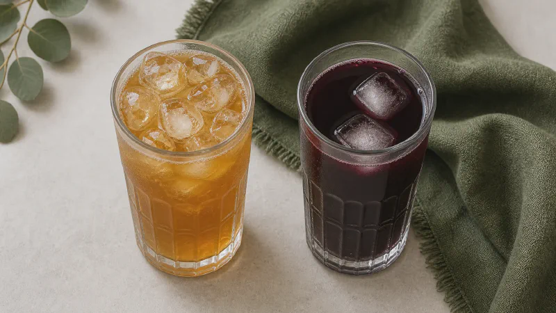Cold drink with ice: lower- and higher-calorie Calk versions side by side
