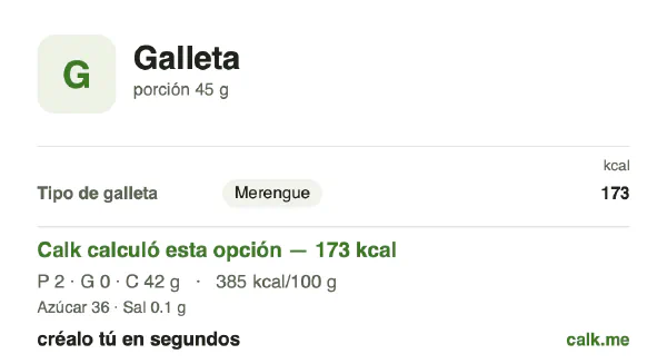 Tarjeta de Calk, versión menos calórica de Galleta: 385 kcal por 100 g, proteínas/grasas/carbohidratos 4/1/95