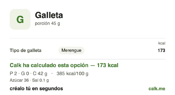 Ficha de Calk, versión menos calórica de Galleta: 385 kcal por 100 g, proteínas/grasas/hidratos 4/1/95