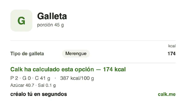 Ficha de Calk, versión menos calórica de Galleta: 387 kcal por 100 g, proteínas/grasas/hidratos 5/0/95