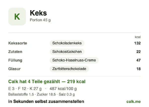 Calk-Karte für die kalorienreichere Variante von Keks: 487 kcal pro 100 g, Eiweiß/Fett/Kohlenhydrate 5/47/48