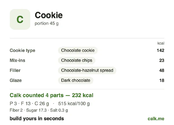 Higher calorie Calk card for Cookie: 515 kcal per 100 g, protein/fat/carbs 5/50/45