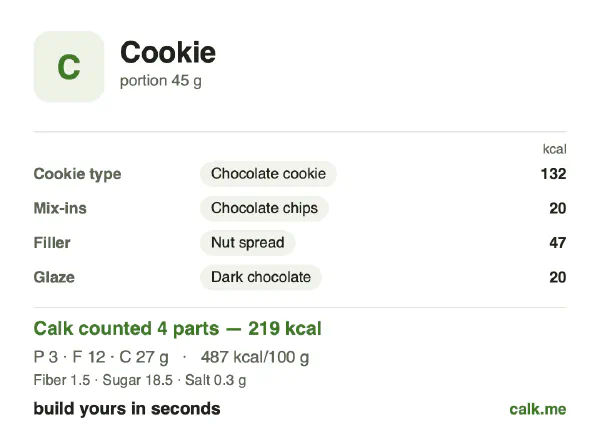 Higher calorie Calk card for Cookie: 487 kcal per 100 g, protein/fat/carbs 5/47/48