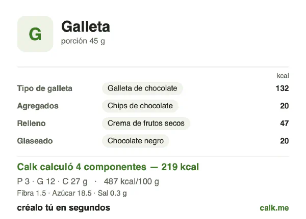 Tarjeta de Calk, versión más calórica de Galleta: 487 kcal por 100 g, proteínas/grasas/carbohidratos 5/47/48