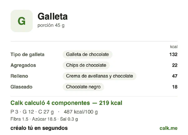 Tarjeta de Calk, versión más calórica de Galleta: 487 kcal por 100 g, proteínas/grasas/carbohidratos 5/47/48