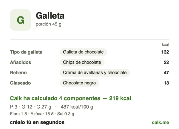 Ficha de Calk, versión más calórica de Galleta: 487 kcal por 100 g, proteínas/grasas/hidratos 5/47/48