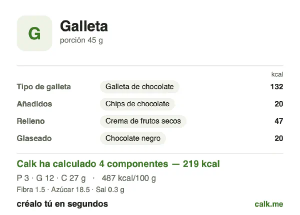 Ficha de Calk, versión más calórica de Galleta: 487 kcal por 100 g, proteínas/grasas/hidratos 5/47/48