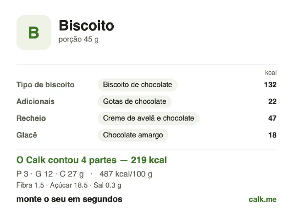 Cartão do Calk para a versão mais calórica de Biscoito: 487 kcal por 100 g, proteína/gordura/carboidratos 5/47/48