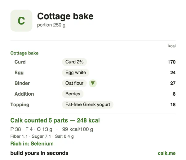 Lower calorie Calk card for Cottage bake: 99 kcal per 100 g, protein/fat/carbs 64/14/21