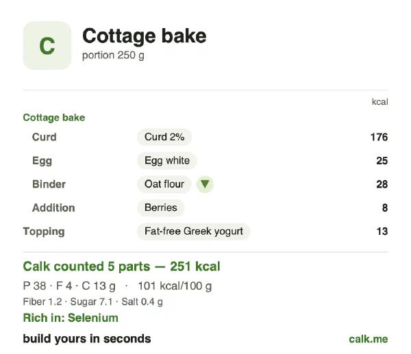 Lower calorie Calk card for Cottage bake: 101 kcal per 100 g, protein/fat/carbs 64/15/21