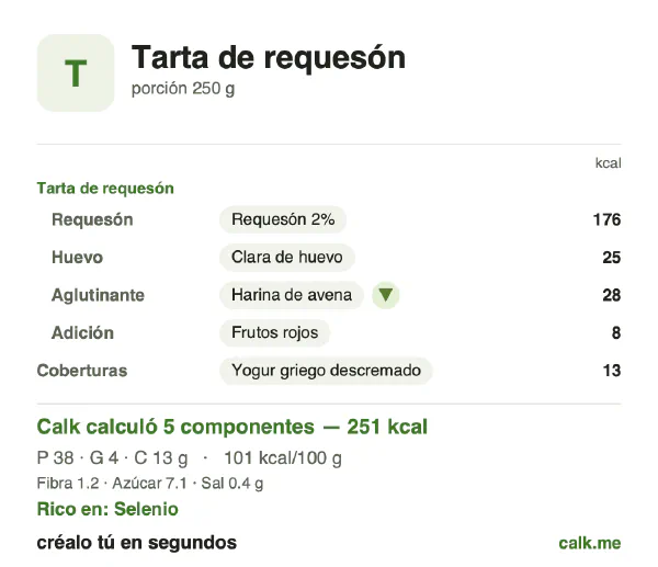 Tarjeta de Calk, versión menos calórica de Tarta de requesón: 101 kcal por 100 g, proteínas/grasas/carbohidratos 64/15/21