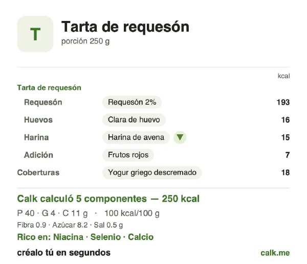 Tarjeta de Calk, versión menos calórica de Tarta de requesón: 100 kcal por 100 g, proteínas/grasas/carbohidratos 66/16/18