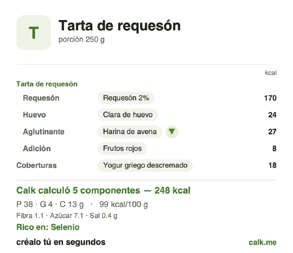 Tarjeta de Calk, versión menos calórica de Tarta de requesón: 99 kcal por 100 g, proteínas/grasas/carbohidratos 64/14/21