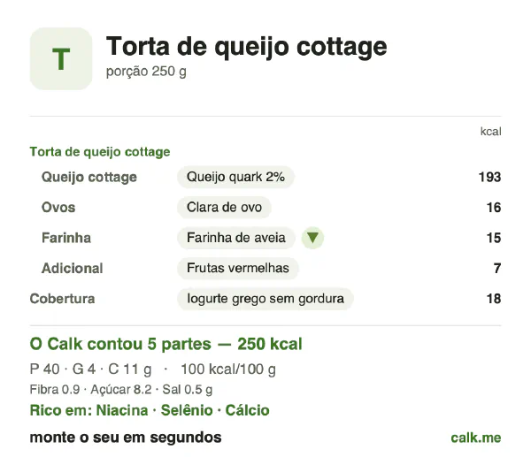 Cartão do Calk para a versão menos calórica de Torta de queijo cottage: 100 kcal por 100 g, proteína/gordura/carboidratos 66/16/18