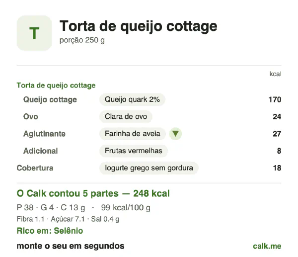Cartão do Calk para a versão menos calórica de Torta de queijo cottage: 99 kcal por 100 g, proteína/gordura/carboidratos 64/14/21