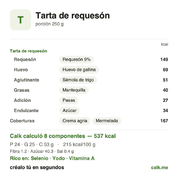 Tarjeta de Calk, versión más calórica de Tarta de requesón: 215 kcal por 100 g, proteínas/grasas/carbohidratos 18/42/40
