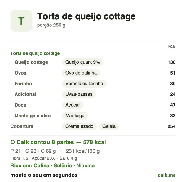 Cartão do Calk para a versão mais calórica de Torta de queijo cottage: 231 kcal por 100 g, proteína/gordura/carboidratos 15/37/48