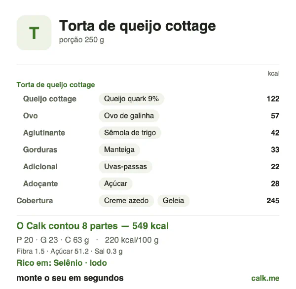 Cartão do Calk para a versão mais calórica de Torta de queijo cottage: 220 kcal por 100 g, proteína/gordura/carboidratos 15/39/47