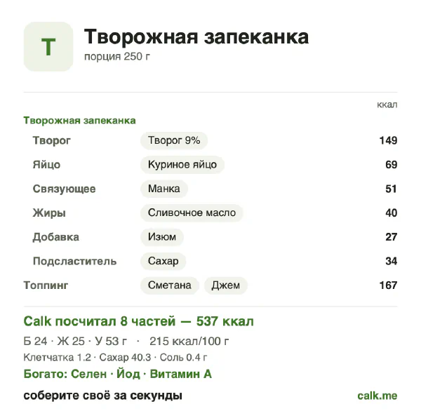 Карточка Calk, более калорийный вариант Творожная запеканка: 215 ккал на 100 г, белки/жиры/углеводы 18/42/40