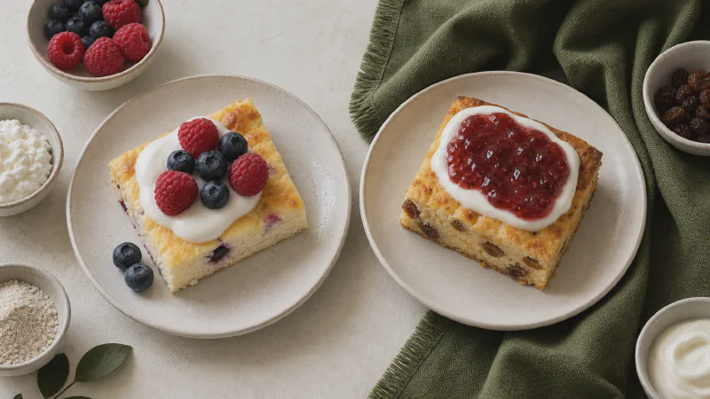 Cottage cheese bake: lower- and higher-calorie Calk versions side by side