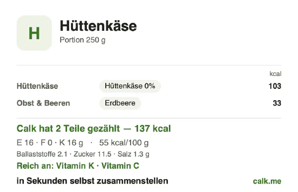 Calk-Karte für die kalorienärmere Variante von Hüttenkäse: 55 kcal pro 100 g, Eiweiß/Fett/Kohlenhydrate 49/2/49