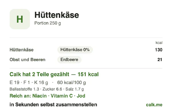 Calk-Karte für die kalorienärmere Variante von Hüttenkäse: 60 kcal pro 100 g, Eiweiß/Fett/Kohlenhydrate 52/4/43