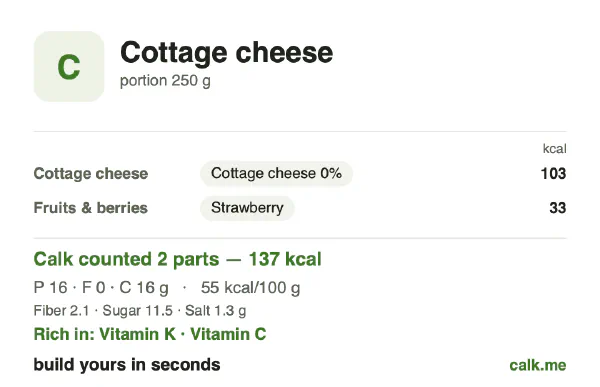 Lower calorie Calk card for Cottage cheese: 55 kcal per 100 g, protein/fat/carbs 49/2/49
