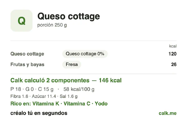 Tarjeta de Calk, versión menos calórica de Queso cottage: 58 kcal por 100 g, proteínas/grasas/carbohidratos 53/2/45