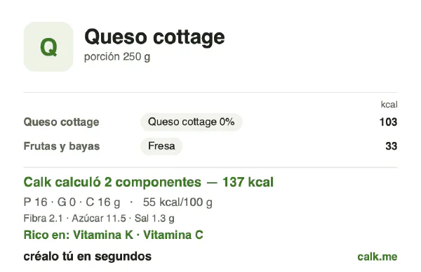 Tarjeta de Calk, versión menos calórica de Queso cottage: 55 kcal por 100 g, proteínas/grasas/carbohidratos 49/2/49