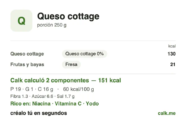 Tarjeta de Calk, versión menos calórica de Queso cottage: 60 kcal por 100 g, proteínas/grasas/carbohidratos 52/4/43