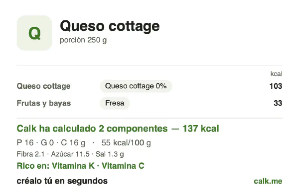 Ficha de Calk, versión menos calórica de Queso cottage: 55 kcal por 100 g, proteínas/grasas/hidratos 49/2/49