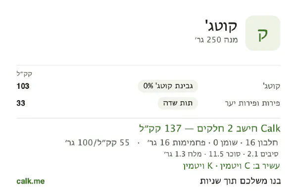 קוטג' ב־Calk, עם פחות קלוריות: 55 קק״ל ל־100 גרם, חלבון/שומן/פחמימות 49/2/49