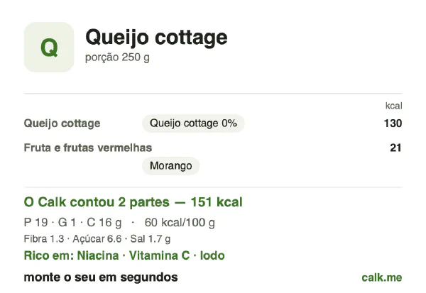Cartão do Calk para a versão menos calórica de Queijo cottage: 60 kcal por 100 g, proteína/gordura/carboidratos 52/4/43