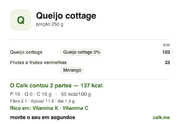 Cartão do Calk para a versão menos calórica de Queijo cottage: 55 kcal por 100 g, proteína/gordura/carboidratos 49/2/49