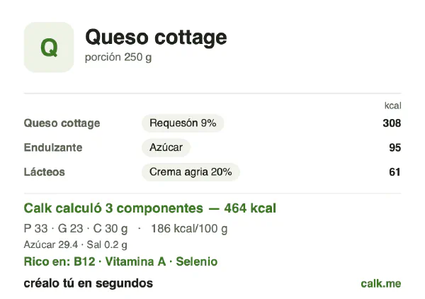 Tarjeta de Calk, versión más calórica de Queso cottage: 186 kcal por 100 g, proteínas/grasas/carbohidratos 29/46/26