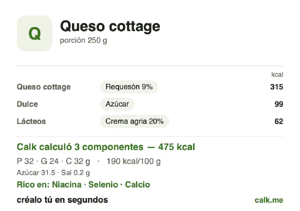 Tarjeta de Calk, versión más calórica de Queso cottage: 190 kcal por 100 g, proteínas/grasas/carbohidratos 28/45/27