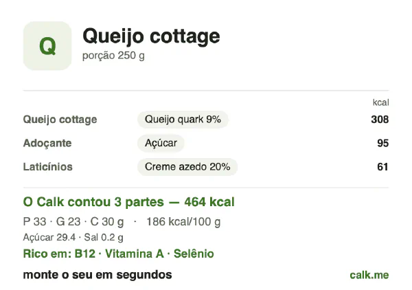 Cartão do Calk para a versão mais calórica de Queijo cottage: 186 kcal por 100 g, proteína/gordura/carboidratos 29/46/26