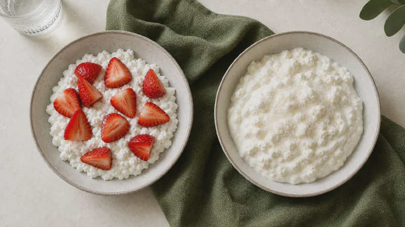 Cottage cheese bowl: lower- and higher-calorie Calk versions side by side