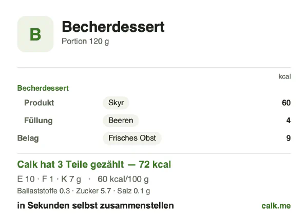 Calk-Karte für die kalorienärmere Variante von Becherdessert: 60 kcal pro 100 g, Eiweiß/Fett/Kohlenhydrate 56/6/37
