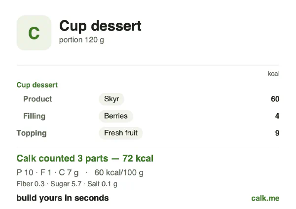 Lower calorie Calk card for Cup dessert: 60 kcal per 100 g, protein/fat/carbs 56/6/37