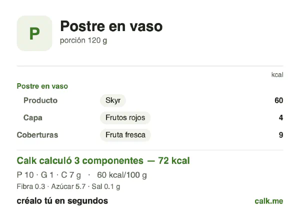 Tarjeta de Calk, versión menos calórica de Postre en vaso: 60 kcal por 100 g, proteínas/grasas/carbohidratos 56/6/37