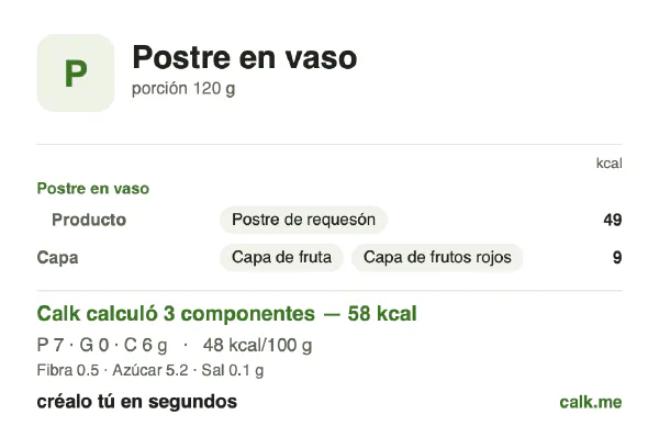 Tarjeta de Calk, versión menos calórica de Postre en vaso: 48 kcal por 100 g, proteínas/grasas/carbohidratos 53/1/46