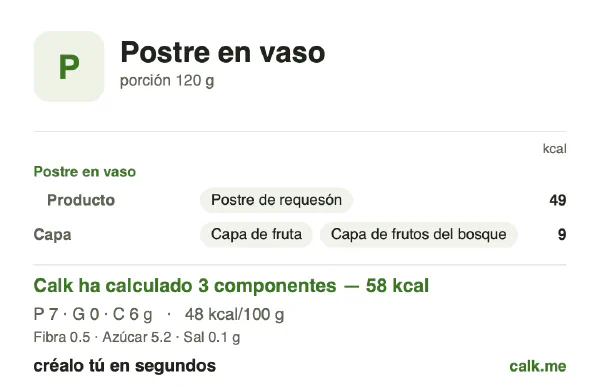 Ficha de Calk, versión menos calórica de Postre en vaso: 48 kcal por 100 g, proteínas/grasas/hidratos 53/1/46