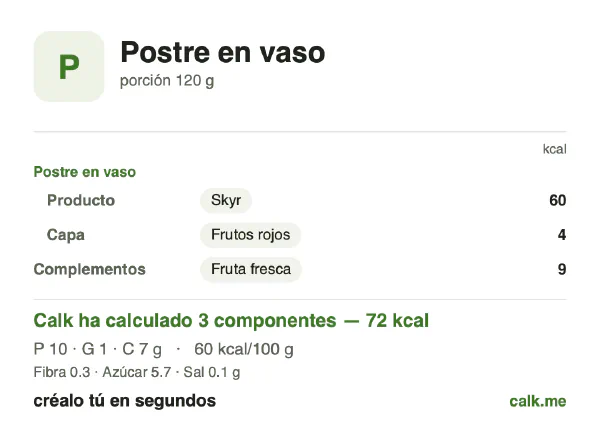 Ficha de Calk, versión menos calórica de Postre en vaso: 60 kcal por 100 g, proteínas/grasas/hidratos 56/6/37