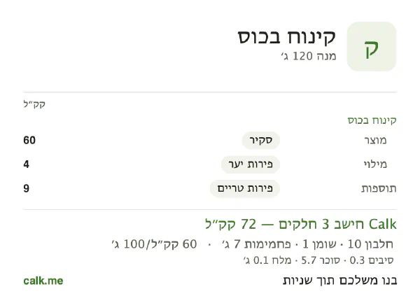 נתוני Calk לקינוח בכוס, בגרסה עם פחות קלוריות: 60 קק״ל ל-100 גרם, חלבון/שומן/פחמימות 56/6/37