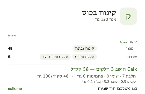 קינוח בכוס ב־Calk, עם פחות קלוריות: 48 קק״ל ל־100 גרם, חלבון/שומן/פחמימות 53/1/46