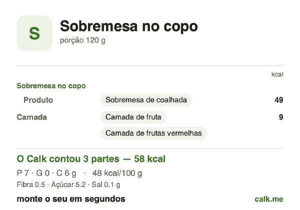 Cartão do Calk para a versão menos calórica de Sobremesa no copo: 48 kcal por 100 g, proteína/gordura/carboidratos 53/1/46